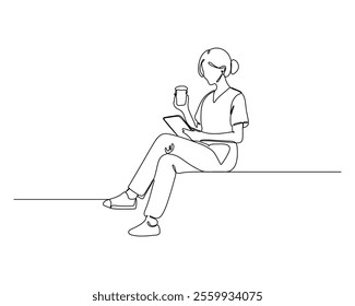 line drawing of a female doctor sitting on a bench, holding a cup in one hand and a tablet in the other, symbolizing a moment of relaxation amid a busy schedule