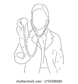 line drawing of a female doctor standing with a stethoscope