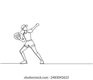 Line drawing of a female in dynamic baseball sport action. with one arm extended forward and the other holding a glove. The minimalist hand drawn style illustration focuses on the action and form