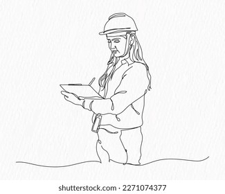  A Line drawing of a female Engineer with a hat on and a clipboard in the hand.