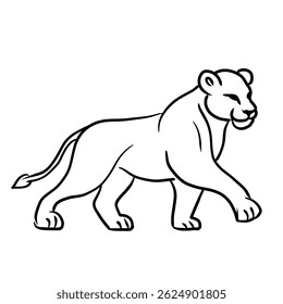 Line drawing of a female lion walking.Vector illustration isolated on white background.