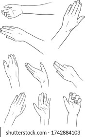 Line drawing of female massage hands and gestures - hand drawn vector illustration