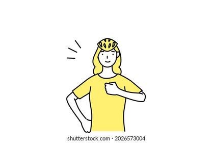 Line drawing of a female skater smiling and tapping her chest