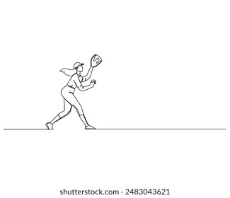 Line drawing of a female sport person wearing a cap and sports attire in a dynamic throwing and catching pose with one arm extended back and the other bent at the elbow. Baseball action and practice