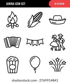 Line Drawing Festa Junina Element Celebration Icon Set
