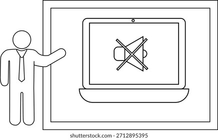 Line drawing figure gesturing to muted laptop on screen within rectangle frame