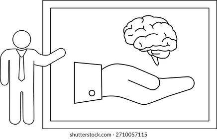 Figura de desenho de linha apresentando um cérebro acima de uma mão aberta dentro de um quadro bordado