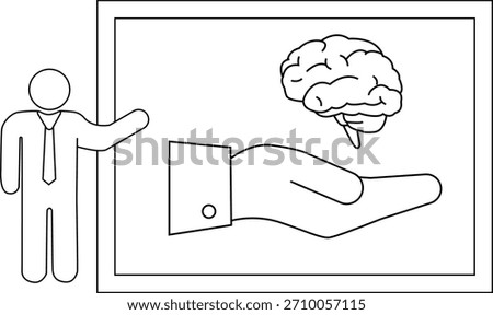 Line drawing figure presenting a brain above an open hand within a bordered frame