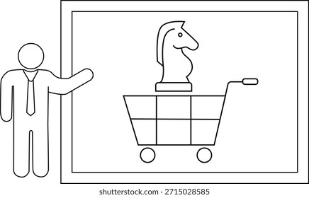 Desenho de linha Figura que apresenta peça de cavaleiro de xadrez no carrinho de compras no quadro