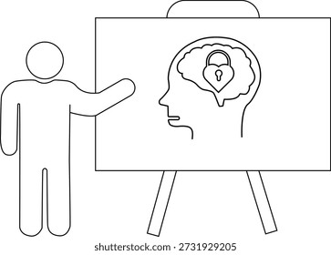 Figura de desenho de linha apresentando um estado mental em um quadro branco com uma fechadura em forma de coração cerebral
