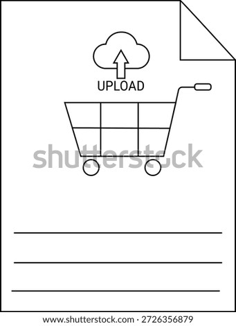 Line drawing of a file with an upload icon shopping cart and lines