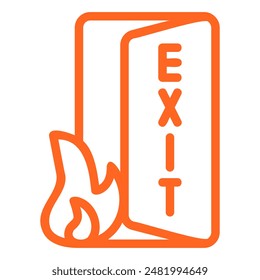 Dibujo lineal de una puerta de salida de incendios con un icono de llama delante.