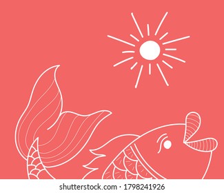 Pescado de dibujo en línea y sol 
