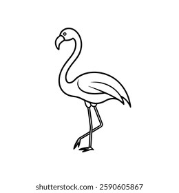 A line drawing of a flamingo bird standing gracefully with one leg raised, featuring its long neck, slender legs, and distinctive curved beak