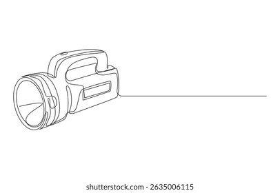 Line drawing of a flashlight lying on a surface, Continuous Line Drawing of a Flashlight, Single-Line Drawing of a Powerful Flashlight