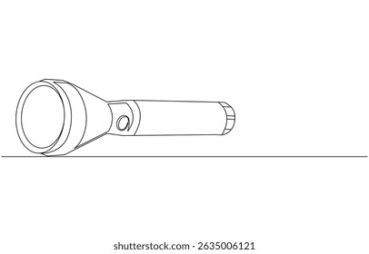 Line drawing of a flashlight lying on a surface, Continuous Line Drawing of a Flashlight, Single-Line Drawing of a Powerful Flashlight