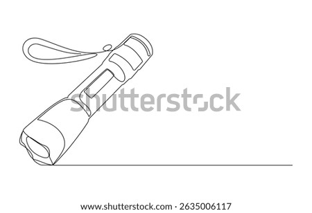 Line drawing of a flashlight lying on a surface, Continuous Line Drawing of a Flashlight, Single-Line Drawing of a Powerful Flashlight