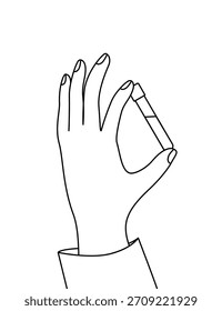 Dibujo de línea de un matraz para análisis en la mano de un asistente de laboratorio. Ilustración vectorial.