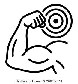 A line drawing of a flexed arm holding a target with concentric circles and a bullseye on a transparent background