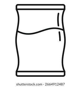 Line drawing of a flexible pouch packaging, partially filled and featuring a sealed top and curved sides