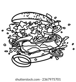 Dibujo de línea. Hamburguesa flotante y queso, vista frontal. ilustración Esbozo vector flotante Hamburger. Ilustración vectorial línea negra aislada en fondo blanco.