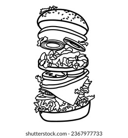 Line drawing. Floating Meat Burger and cheese, Front view. illustration Vector outline floating Hamburger. Vector illustration black line isolated on white background.