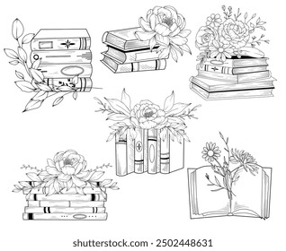 Line drawing floral book set, vector hand drawn line art illustration of stack of books with wildflowers, open book with flowers