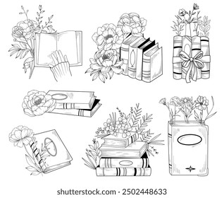 Line drawing floral book set, vector hand drawn line art illustration of stack of books with wildflowers, open book with flowers