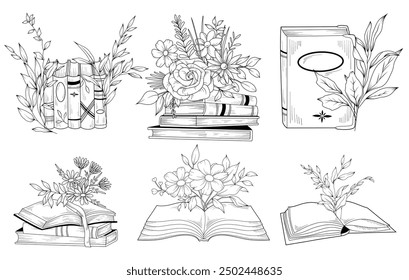 Line drawing floral book set, vector hand drawn line art illustration of stack of books with wildflowers, open book with flowers