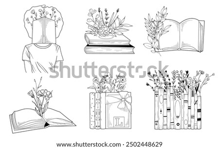 Line drawing floral book set, vector hand drawn line art illustration of stack of books with wildflowers, open book with flowers