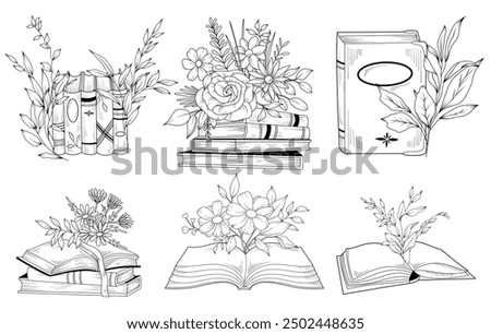 Line drawing floral book set, vector hand drawn line art illustration of stack of books with wildflowers, open book with flowers