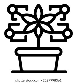 Line drawing of a flower growing in a pot with data connecting points, representing digital growth