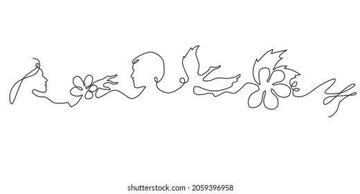  Line drawing flower and woman heads hand bird leaf black and white vector illustration eps 10