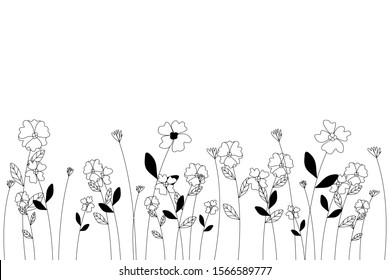 Line drawing of flowers on white background and space
