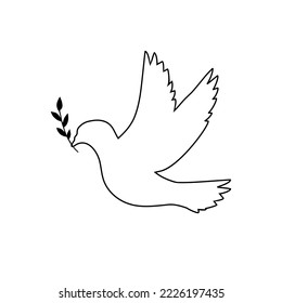  line drawing of flying up dove with olive branch. . Bird symbol of peace and freedom