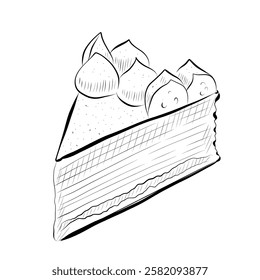 Line drawing. Food line art - piece of tiramisu cake. Vector minimalist design