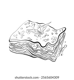 Line drawing. Food in line art style - Italian cuisine lasagna. Vector minimalist design