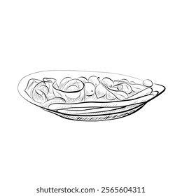 Line drawing. Food in line art style - Italian cuisine plate with snacks prosciutto, cheese, etc. Vector minimalist design