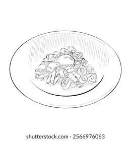 Line drawing. Food in line art style - Italian cuisine pasta Spaghetti carbonara. Vector