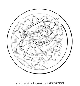 Line Drawing. Food in Line Art Style - Italian Cuisine Pasta with Seafood