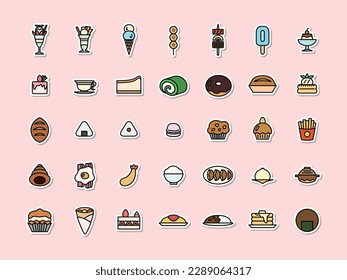 Line drawing food color sticker icon set