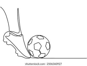 Line drawing of a foot kicking a soccer ball. Sports and fitness concept in continuous line art style.