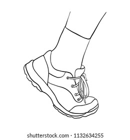 line drawing foot shoe in sneaker   sock solated at white background  hand drawn illustration