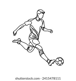Line drawing of a football player with a ball in a dynamic pose. one line on a plain background