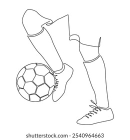 Line drawing of football player kicking ball. Young man playing soccer ball single one line art. Footballer dribbling and juggling ball. Soccer player kicks the ball. Soccer vector illustration.