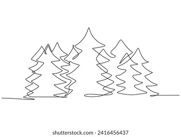 Line drawing of forest tree in continuous single one outline silhouette. Vector illustration abstract landscape design.