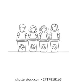 Desenho de linha de quatro crianças, cada uma segurando uma lixeira