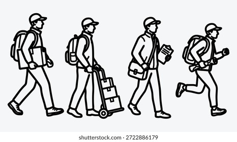 Desenho de linha de quatro entregadores em diferentes posições com vários pacotes e bagagem andando correndo empurrando carrinho