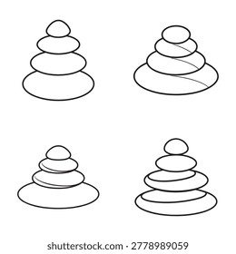 Line drawing of four different piles of smooth stones or pebbles in various sizes and shapes