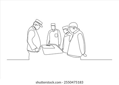 A line drawing of four people gathered around a table, engaged in discussion or examination.
